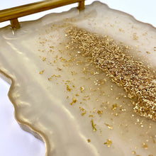 Load image into Gallery viewer, Cream and gold display tray with gold glitter to the central and finished with gold handles and gold edging.
