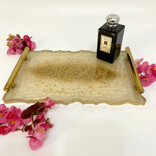 Load image into Gallery viewer, Cream and gold display tray with gold glitter to the central and finished with gold handles and gold edging.
