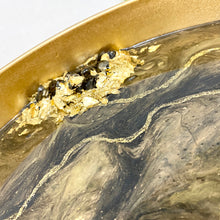 Load image into Gallery viewer, black and gold resin coated drinks tray with carry handles. Crushed glass to the sides and finished with gold gliter lines and gold leaf.
