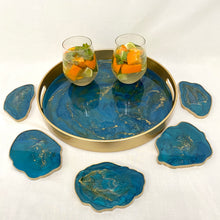Load image into Gallery viewer, Gold Drinks Tray created in turquoise blue green gold resin coated tray for carrying drinks with carrying handles
